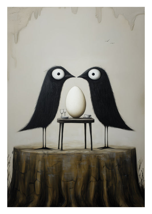 Affiche cabinet de curiosités montrant un couple d'oiseaux noirs à table devant leur dîner.
