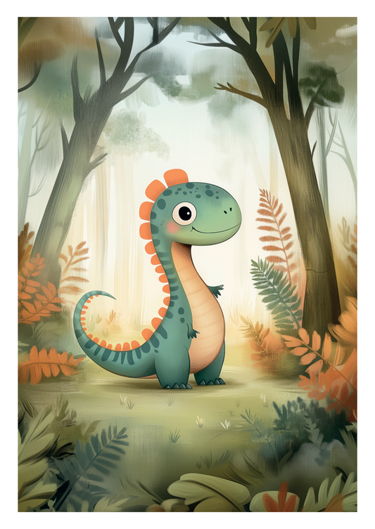 Affiche pour chambre d'enfant d'un dinosaure dans une foret, peinte à l'aquarelle.