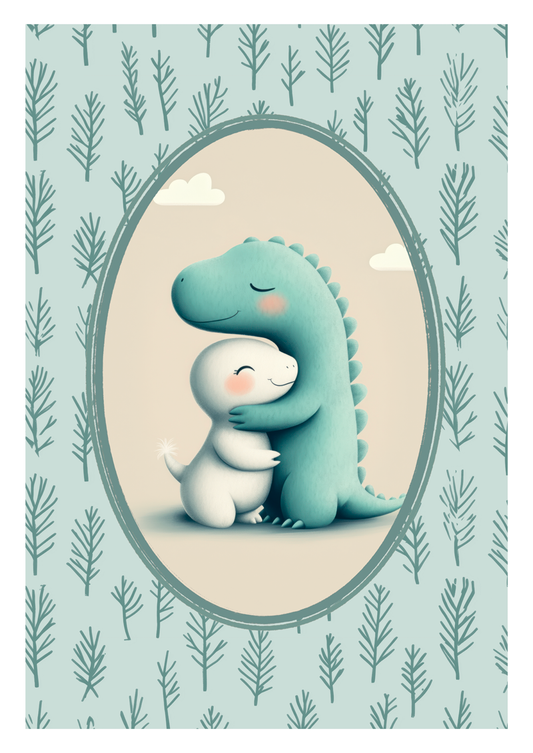Affiche pour chambre enfant montrant deux dinosaures se faisant un calin. Fond bleu et floral.