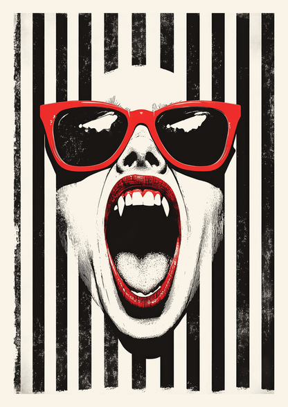Affiche déco pop-culture d'un visage de femme vampire, sur fond rayé noir et blanc.