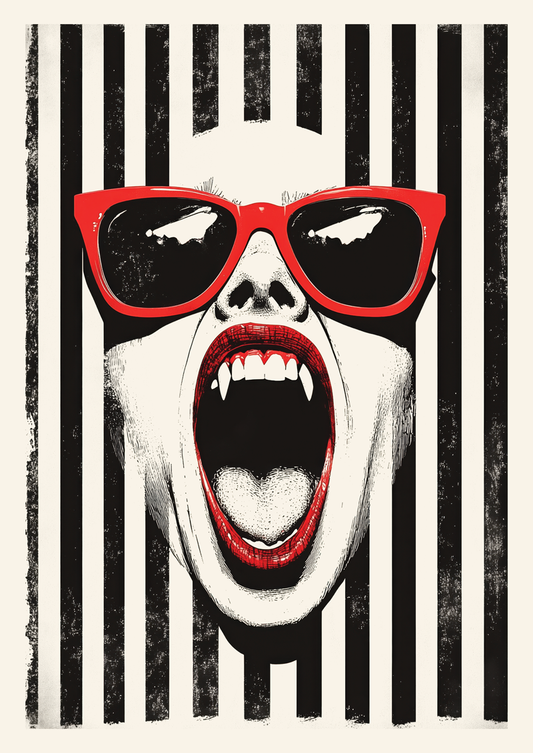 Affiche déco pop-culture d'un visage de femme vampire, sur fond rayé noir et blanc.