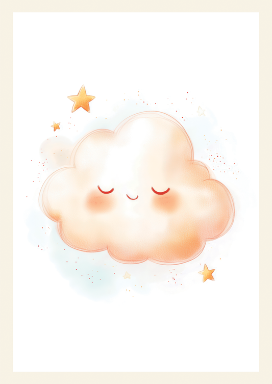 Affiche pour chambre bébé illustrant un nuage à l'aquarelle et trois étoiles sur fond blanc.