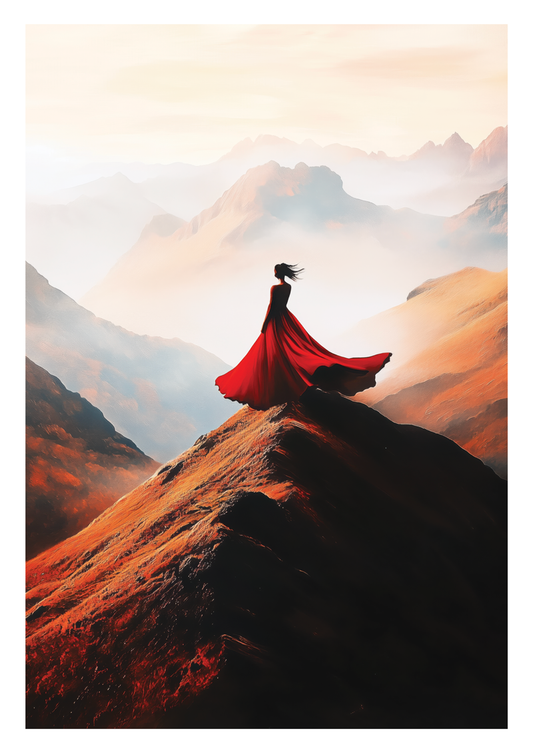 Affiche illustration d'une femme en robe rouge, debout sur une montagne.