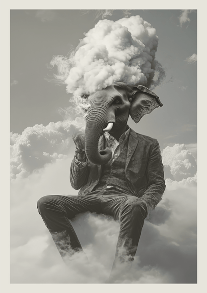 Photographie surréaliste en noir et blanc d'un éléphant humanoïde sur un nuage.