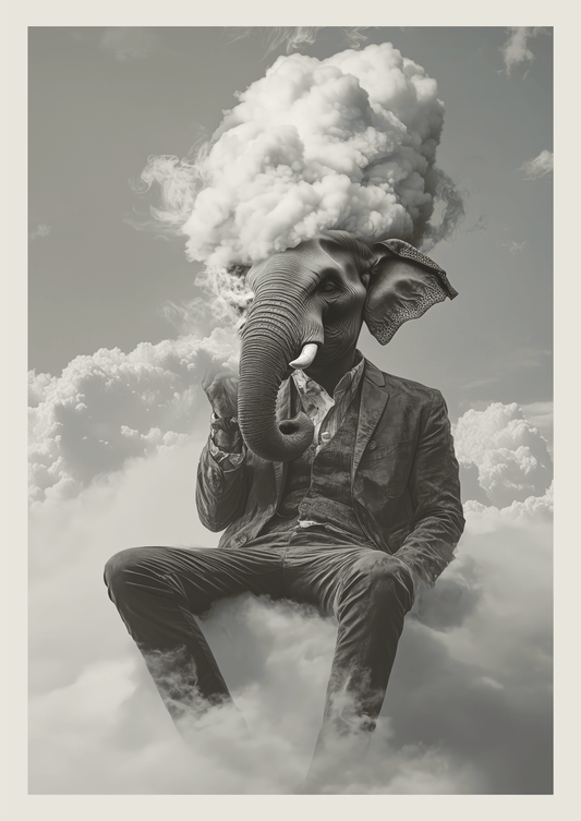 Photographie surréaliste en noir et blanc d'un éléphant humanoïde sur un nuage.