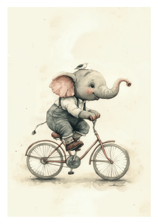 Affiche murale pour enfants représentant un éléphant sur un vélo avec un oiseau sur la tête, aux couleurs neutres et à l'aquarelle. 