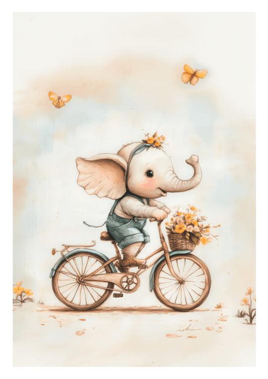Affiche chambre enfant éléphante sur vélo vintage, fleurs et papillons jaune sur fond clair.