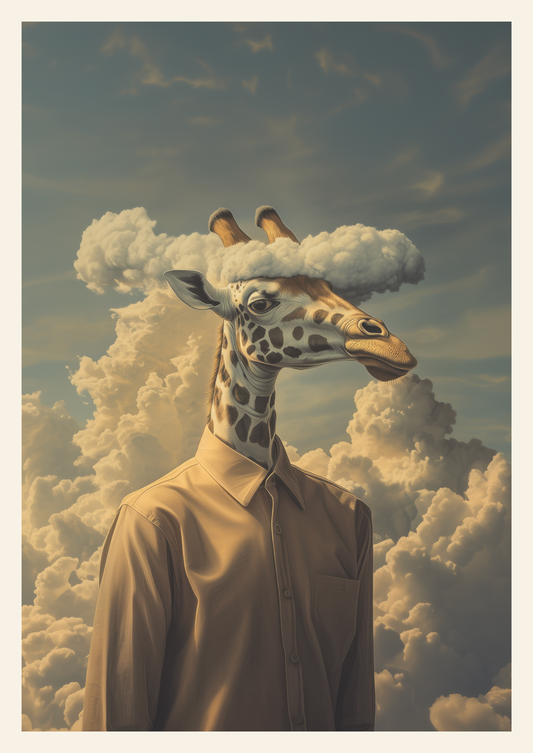 Affiche murale surréaliste d'une girafe habillée, des nuages sur la tête.