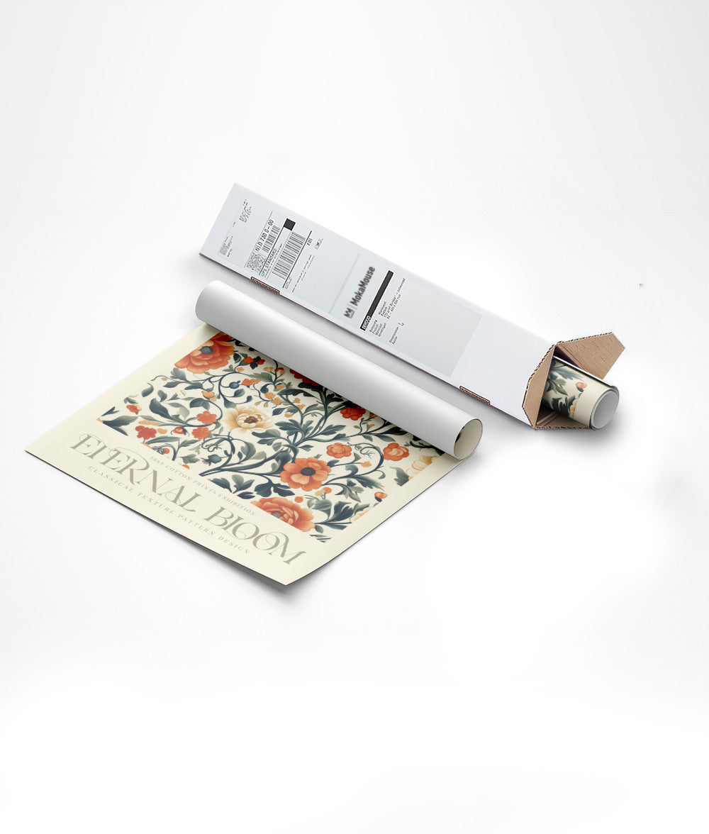 Emballage de l'illustration botanique de fleurs façon tapisserie dans un carton triangulaire.