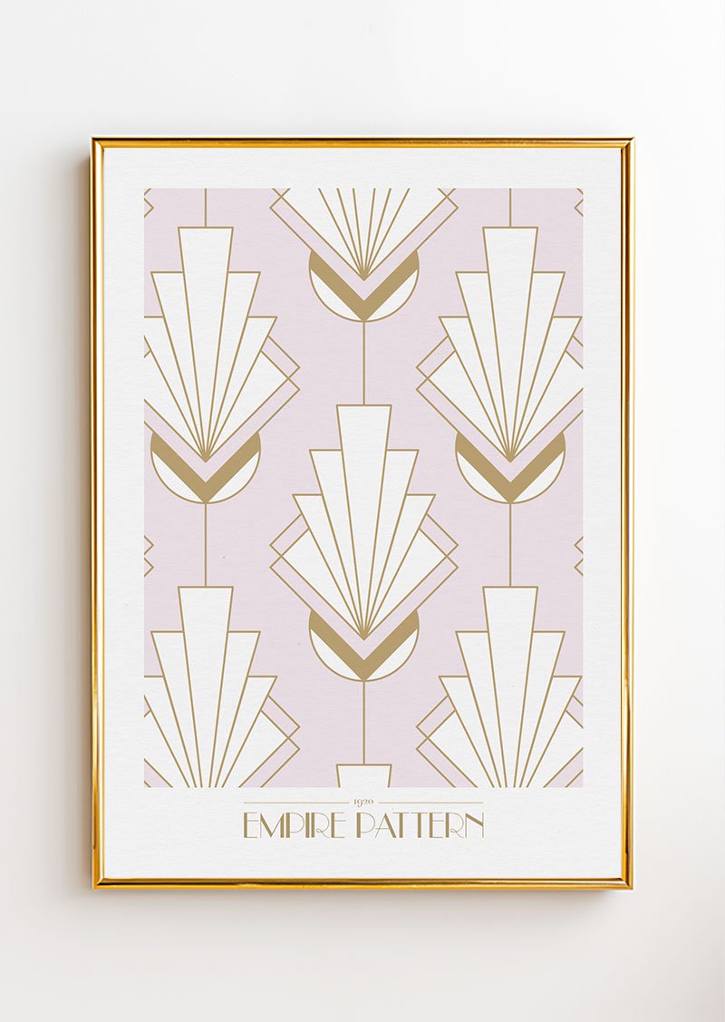 Poster Art déco 1930 d'un pattern géométrique or et blanc, sur fond rose dans un cadre or.