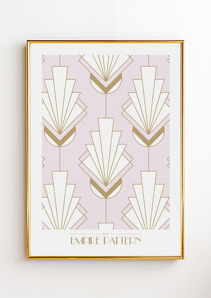 Poster Art déco 1930 d'un pattern géométrique or et blanc, sur fond rose dans un cadre or.