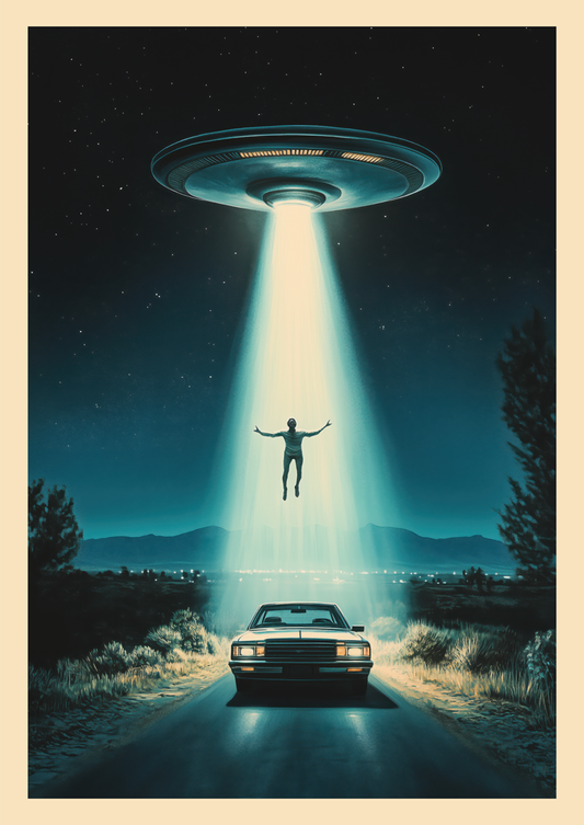 Affiche vintage science-fiction de l'enlèvement d'un homme par des extra-terrestres.