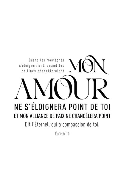 Taille 40x60cm du poster typographie "mon amour ne s'éloignera point" en noir et blanc
