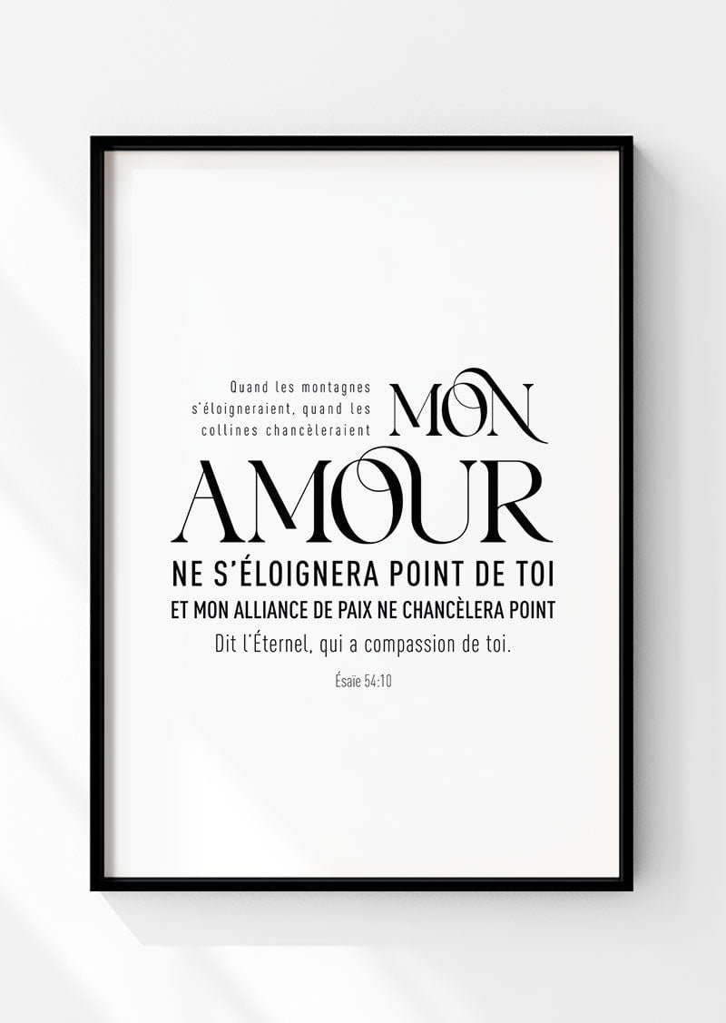 Affiche chrétienne du verset complet d'esaïe 54:10 en typographie noir dans un cadre