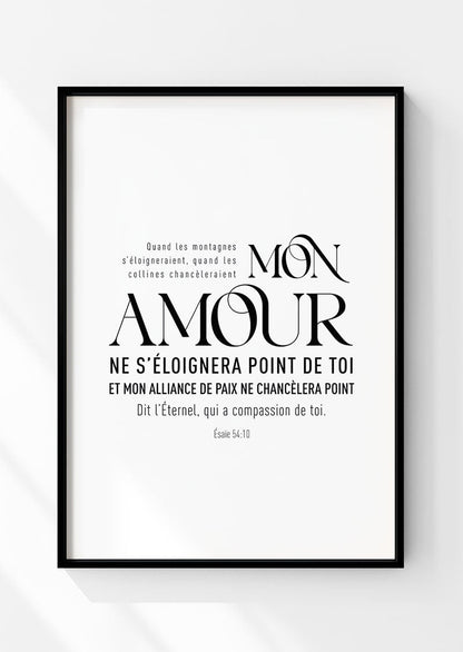 Affiche chrétienne du verset complet d'esaïe 54:10 en typographie noir dans un cadre