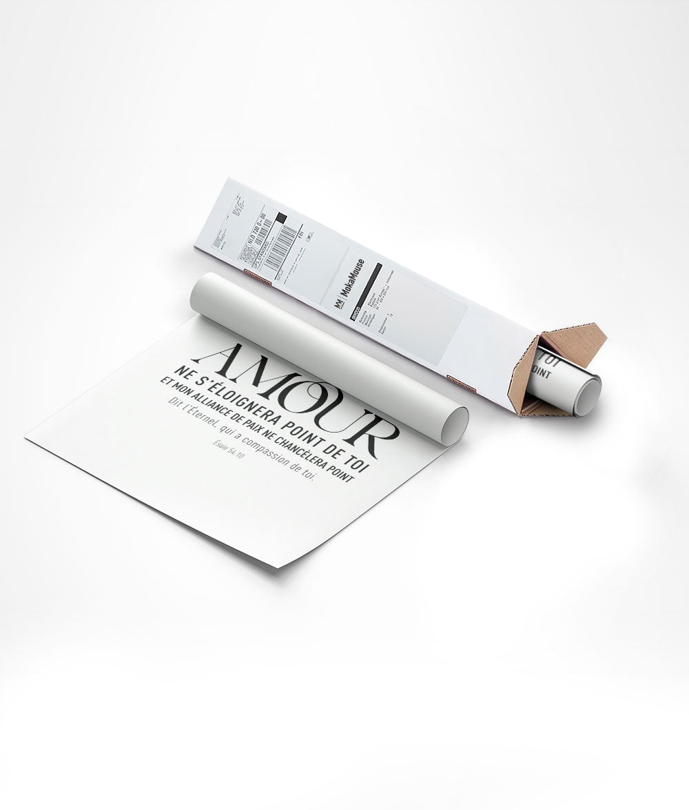 Mise en carton du poster bible "mon amour" en version noir et blanc