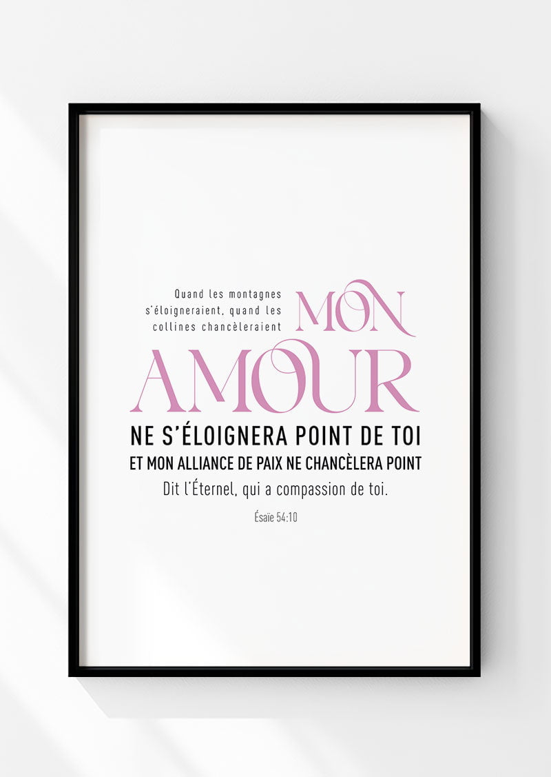 Affiche chrétienne du verset entier en rose et noir d'esaie 54:10 dans un cadre noir