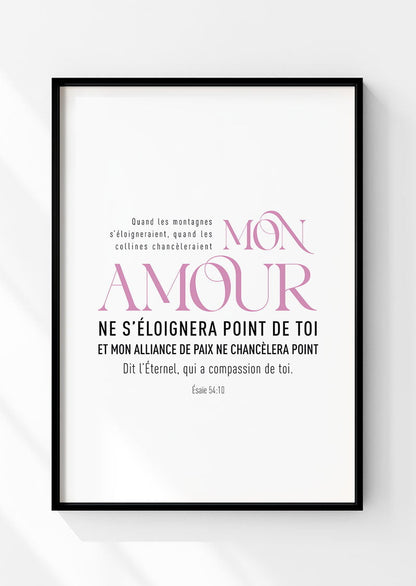 Affiche chrétienne du verset entier en rose et noir d'esaie 54:10 dans un cadre noir