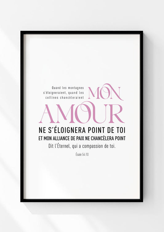 Affiche chrétienne du verset entier en rose et noir d'esaie 54:10 dans un cadre noir