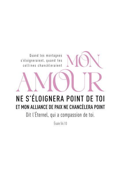 Affiche verset bible Esaïe 54:10 "mon amour" en texte rose et noir sur fond blanc