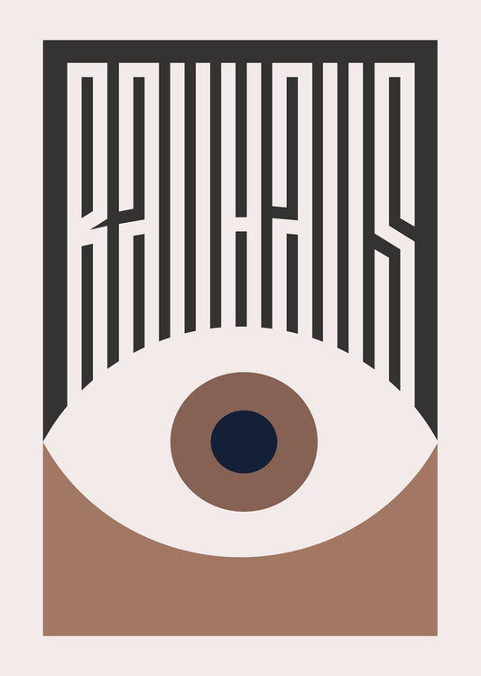 Affiche murale avec œil mocha sur fond crème, en deux parties colorées. Titre Bauhaus formant des cils graphiques.