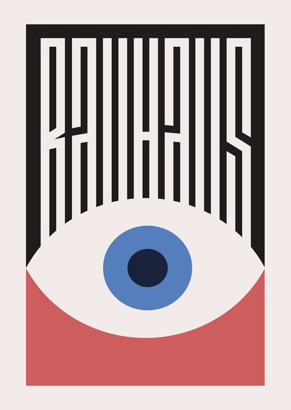 Affiche murale avec œil bleu et rouge, en deux parties colorées. Titre Bauhaus formant des cils graphiques.