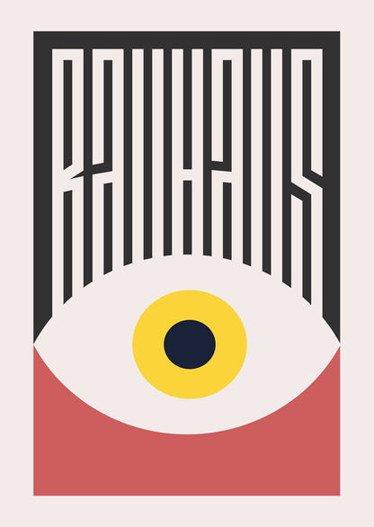 Affiche murale avec œil jaune et rouge, en deux parties colorées. Titre Bauhaus formant des cils graphiques.