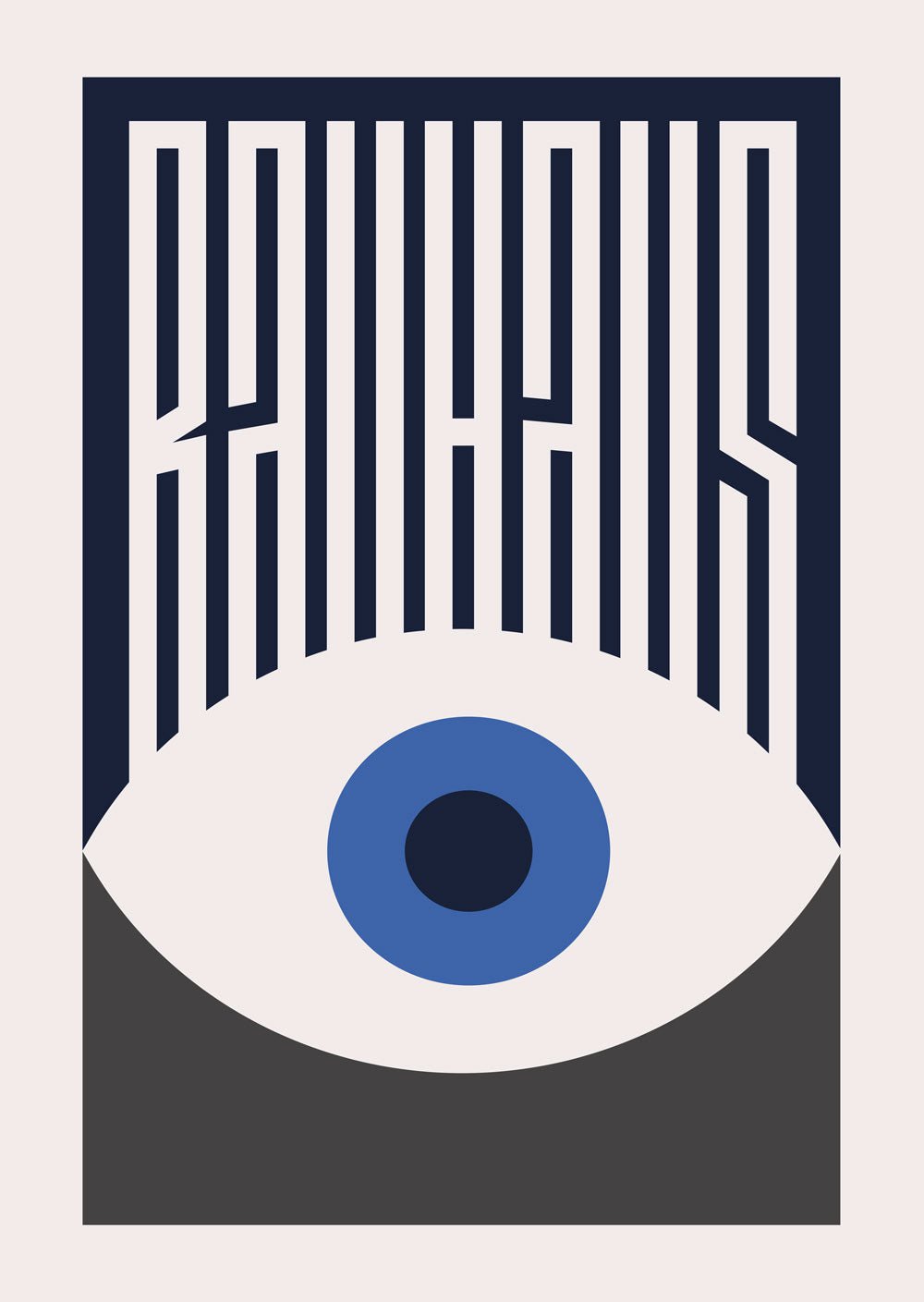 Affiche murale avec œil bleu et gris, en deux parties colorées. Titre Bauhaus formant des cils graphiques.
