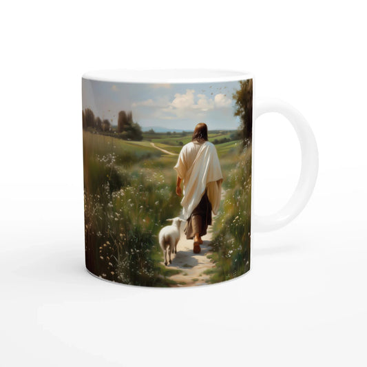 Mug en céramique blanche avec le dessin de jésus christ de dos marchant avec un agneau 