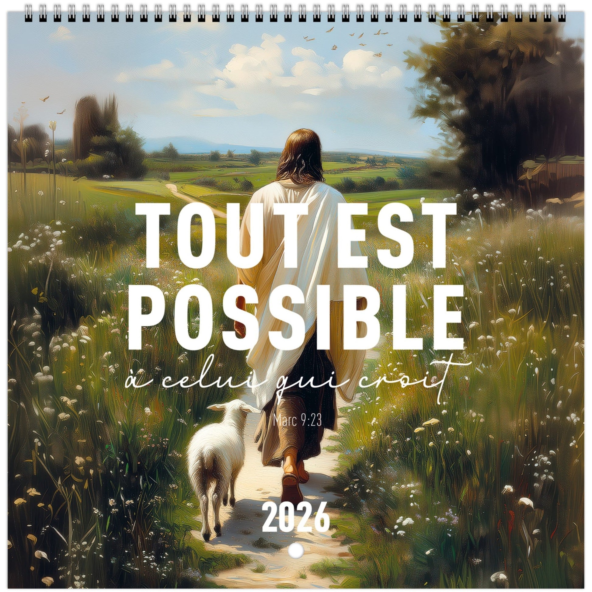 couverture du calendrier 2026 vie de jésus, avec le verset marc 9:23 "tout est possible à celui qui croit"