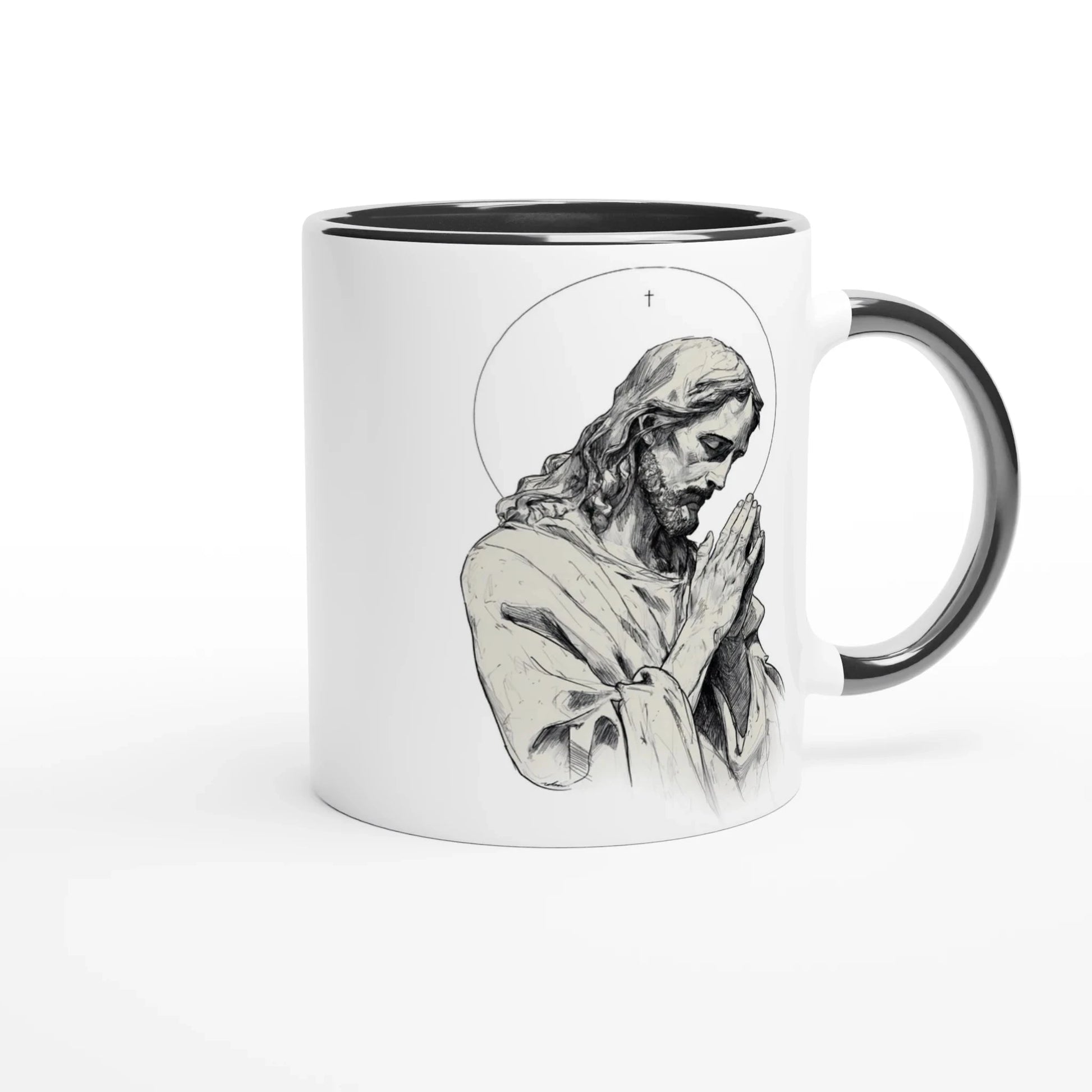 Mug dessin chrétien de Jésus christ les mains jointes, avec l'intérieur de la céramique et la anse noir