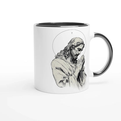 Mug dessin chrétien de Jésus christ les mains jointes, avec l'intérieur de la céramique et la anse noir