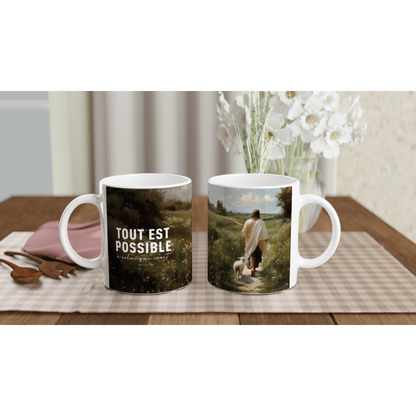 Deux mugs design de jésus et l'agneau montrant l'endroit et l'envers