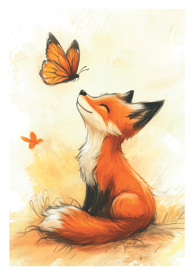 Affiche chambre enfant d'un petit renard et un papillon dans les tons oranges.