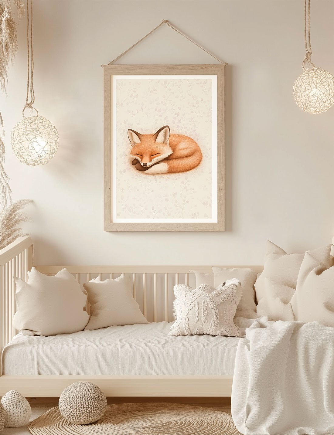 Affiche chambre enfant renard endormi, encadrée au dessus d'un lit.