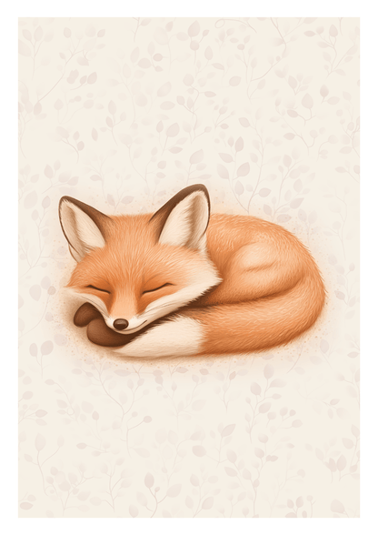 Affiche chambre enfant d'un renard endormi, sur fond crème fleuri.