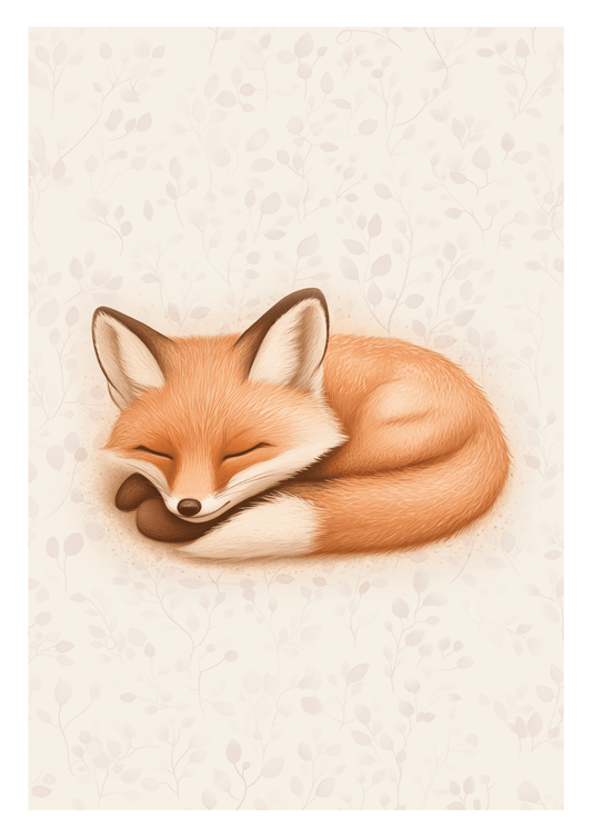 Affiche chambre enfant d'un renard endormi, sur fond crème fleuri.