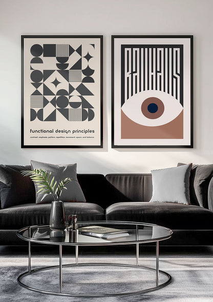 Affiche bauhaus gris anthracite encadrée en duo avec affiche œil mocha