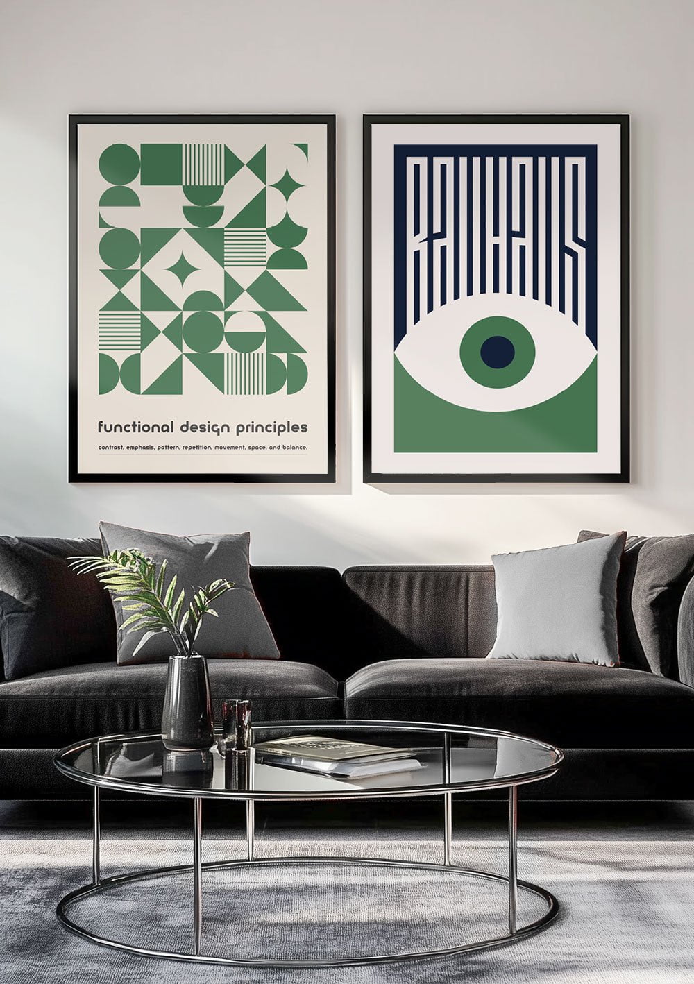 Les deux affiche bauhaus en vert encadrées en duo dans un salon.