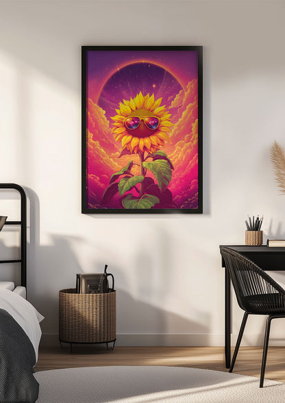 Affiche illustration vintage pop tournesol flashy encadrée sur le mur d'une chambre.