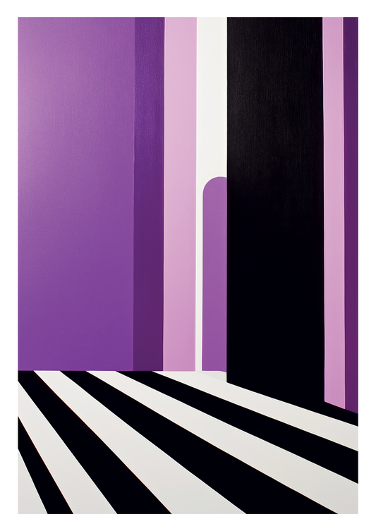 Affiche murale contemporaine sol rayé blanc et noir et mur violet.
