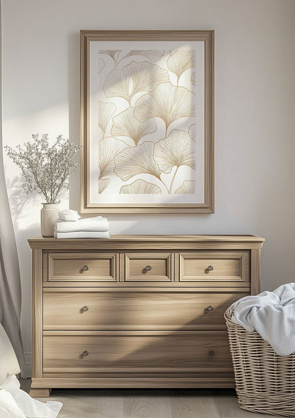 Affiche murale minimaliste  de feuilles de Ginkgo doré, encadrée dans une chambre épurée.