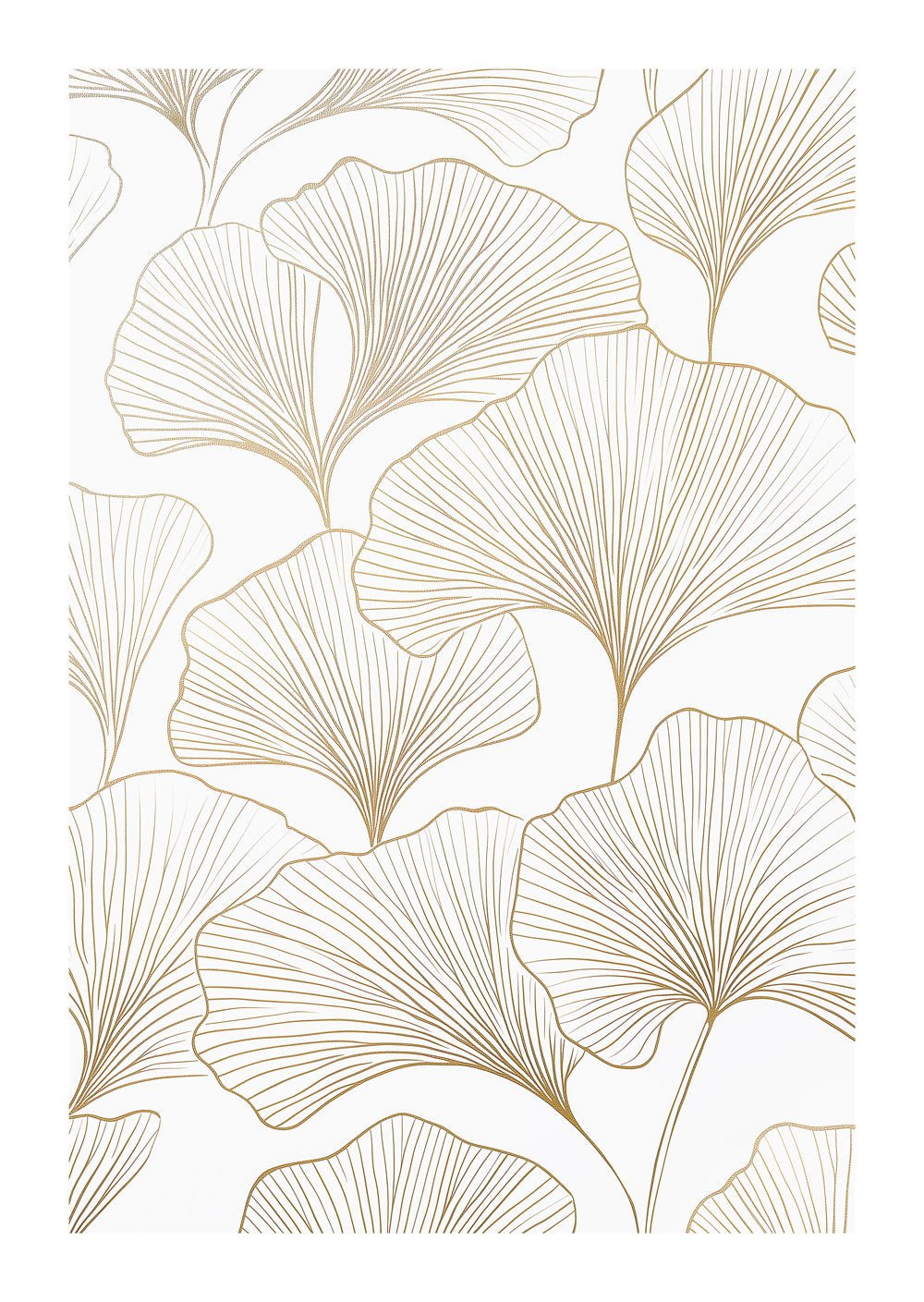 Affiche murale minimaliste de contour doré représentant des feuilles de ginkgo, sur fond blanc.