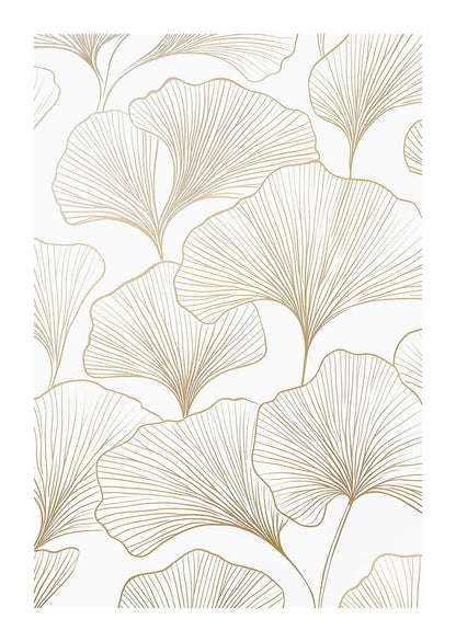 Affiche murale minimaliste de contour doré représentant des feuilles de ginkgo, sur fond blanc.