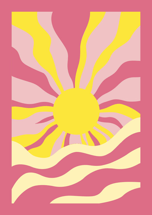 Affiche vintage pop soleil flashy rose et jaune