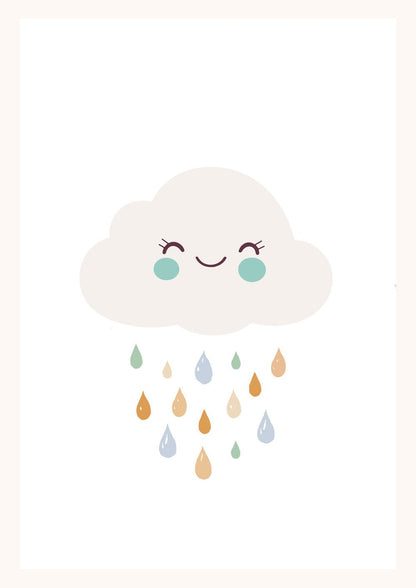 Affiche pour chambre bébé d'un nuage souriant avec des gouttes de pluie aux tons pastel bleu.