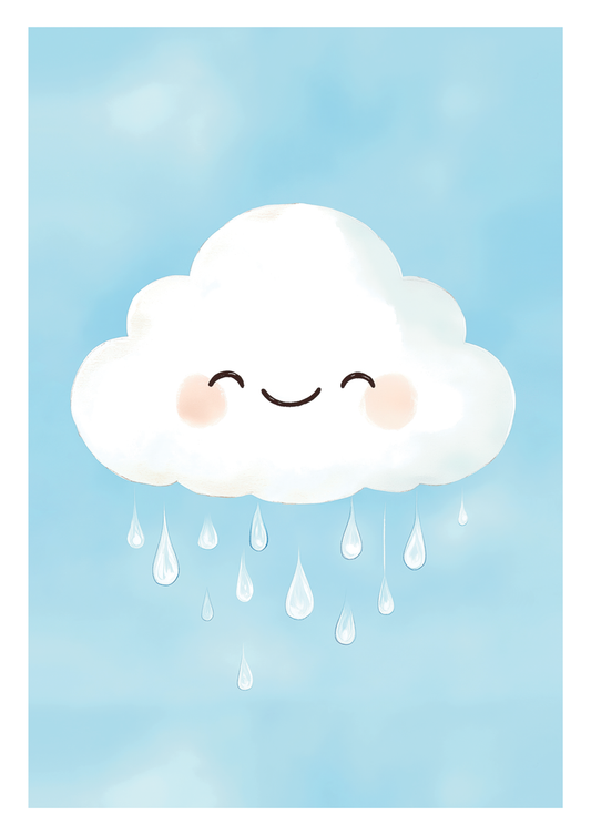 Affiche pour chambre bébé d'un petit nuage pluvieux et souriant sur fond bleu ciel.