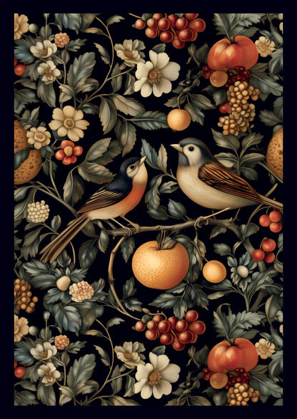 Affiche murale botanique William Morris, deux oiseaux sur la branche d'un pommier avec des fleurs sur fond noir.