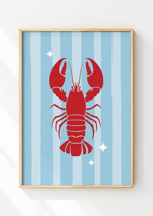 Affiche homard en illustration pop avec un motif de rayure bleu dans un cadre en bois.