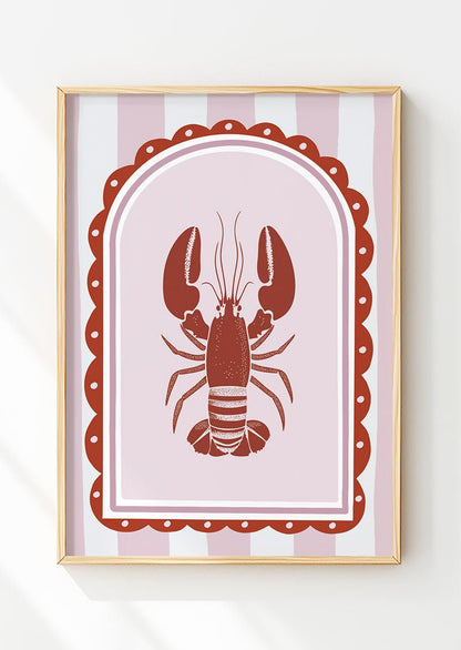 Poster mural été d'une illustration de homard sur fond rose encadré dans un cadre en bois.